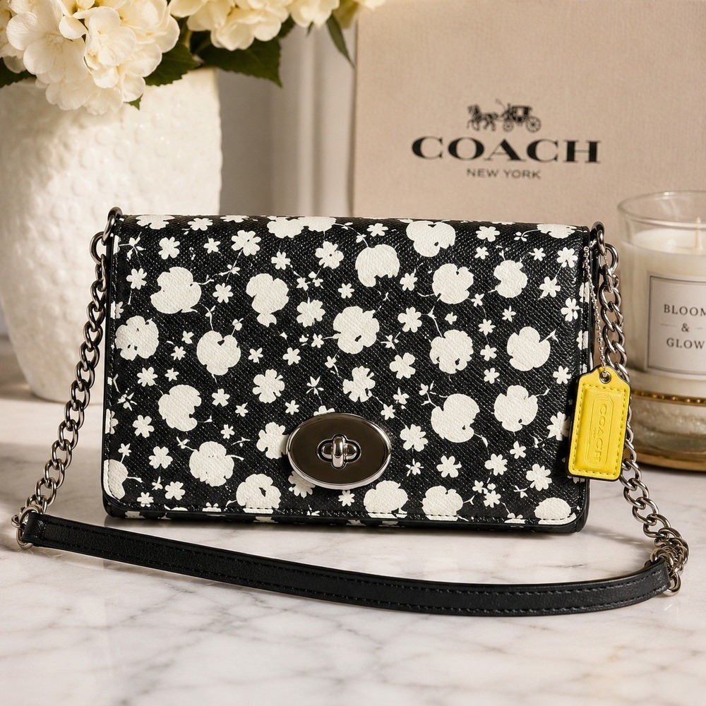 Coach Crossbody Bag Black White Floral Print Crossgrain Leather Turnlock Purse